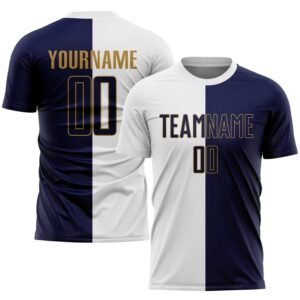 Custom White Navy Old Gold Sublimation Split Soccer Uniform Jersey