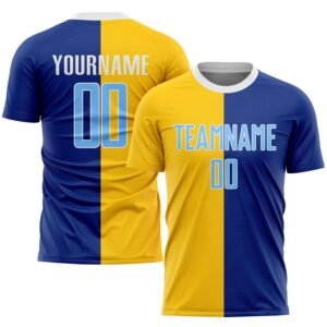 Custom Royal Light Blue Gold Sublimation Split Soccer Uniform Jersey