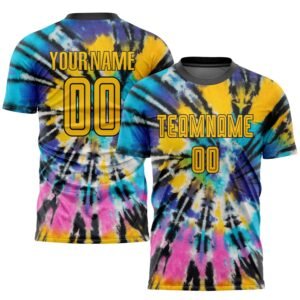 Custom Tie Dye Gold Black Sublimation Soccer Uniform Jersey