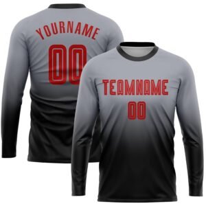 Custom Gray Red Black Sublimation Long Sleeve Fade Soccer Uniform Jersey