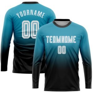 Custom Panther Blue White Black Sublimation Long Sleeve Fade Soccer Uniform Jersey