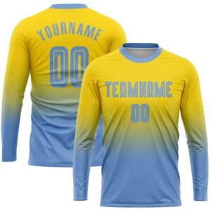 Custom Gold Light Blue Sublimation Long Sleeve Fade Soccer Uniform Jersey