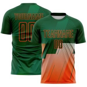 Custom Green Orange Geometric Diagonal Block Halftone Grid Sublimation Soccer Uniform Jersey