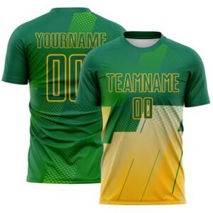 Custom Kelly Green Gold Geometric Diagonal Block Halftone Grid Sublimation Soccer Uniform Jersey