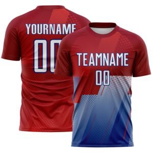 Custom Red White Royal Geometric Diagonal Block Halftone Grid Sublimation Soccer Uniform Jersey