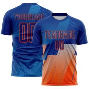 Custom Royal Blue Orange Geometric Diagonal Block Halftone Grid Sublimation Soccer Uniform Jersey