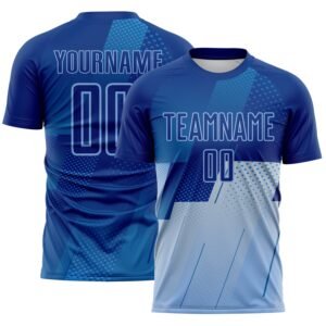 Custom Royal Blue Light Blue Geometric Diagonal Block Halftone Grid Sublimation Soccer Uniform Jersey