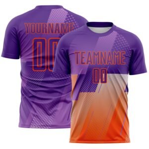 Custom Purple Orange Geometric Diagonal Block Halftone Grid Sublimation Soccer Uniform Jersey