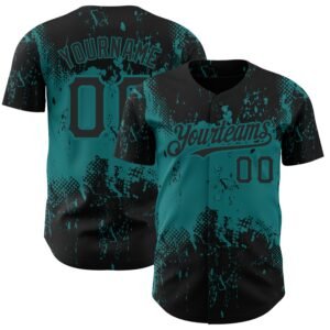 Custom Black Teal 3D Pattern Abstract Splatter Grunge Art Authentic Baseball Jersey