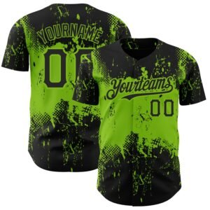 Custom Black Neon Green 3D Pattern Abstract Splatter Grunge Art Authentic Baseball Jersey