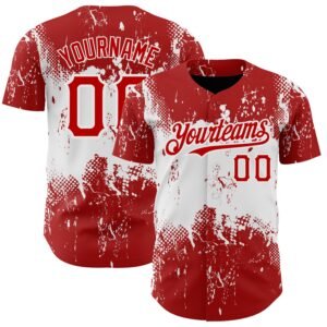 Custom Red White 3D Pattern Abstract Splatter Grunge Art Authentic Baseball Jersey