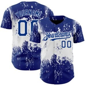 Custom Royal White 3D Pattern Abstract Splatter Grunge Art Authentic Baseball Jersey