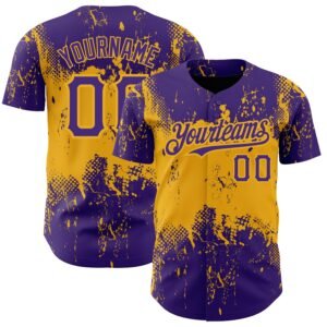 Custom Purple Gold 3D Pattern Abstract Splatter Grunge Art Authentic Baseball Jersey