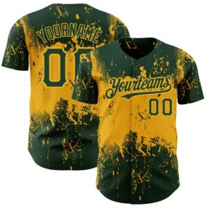 Custom Green Gold 3D Pattern Abstract Splatter Grunge Art Authentic Baseball Jersey