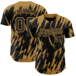 Custom Black Old Gold 3D Pattern Abstract Sharp Shape Authentic Baseball Jersey