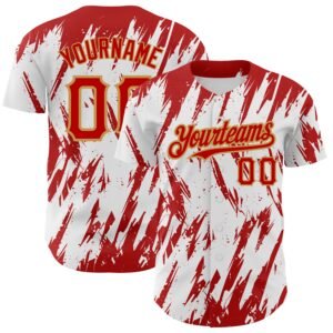 Custom White Red Old Gold 3D Pattern Abstract Sharp Shape Authentic Baseball Jersey