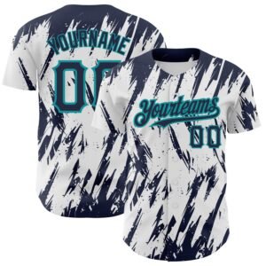 Custom White Navy Teal 3D Pattern Abstract Sharp Shape Authentic Baseball Jersey