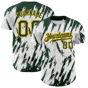Custom White Green Gold 3D Pattern Abstract Sharp Shape Authentic Baseball Jersey