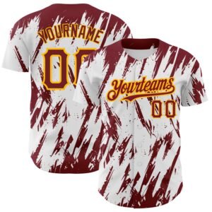 Custom White Crimson Gold 3D Pattern Abstract Sharp Shape Authentic Baseball Jersey