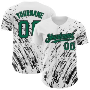 Custom White Kelly Green Black 3D Pattern Abstract Splash Authentic Baseball Jersey