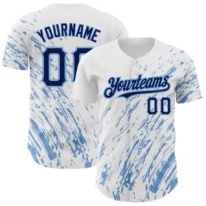 Custom White Navy Light Blue 3D Pattern Abstract Splash Authentic Baseball Jersey