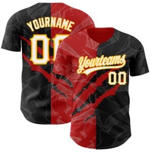 Custom Graffiti Pattern Black Red Gold 3D Scratch Authentic Baseball Jersey