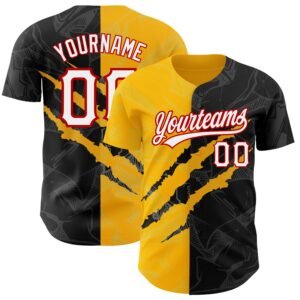 Custom Graffiti Pattern Black Gold Red 3D Scratch Authentic Baseball Jersey