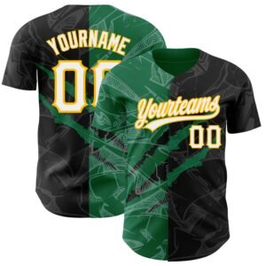 Custom Graffiti Pattern Black Kelly Green Gold 3D Scratch Authentic Baseball Jersey