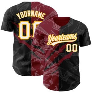 Custom Graffiti Pattern Black Crimson Gold 3D Scratch Authentic Baseball Jersey