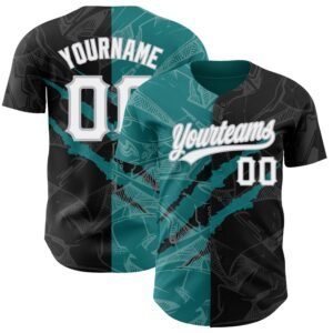Custom Graffiti Pattern Black Teal Gray 3D Scratch Authentic Baseball Jersey