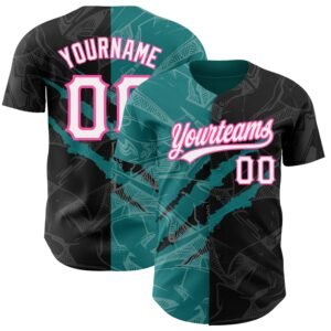 Custom Graffiti Pattern Black Teal Pink 3D Scratch Authentic Baseball Jersey