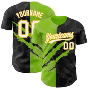 Custom Graffiti Pattern Black Neon Green Gold 3D Scratch Authentic Baseball Jersey