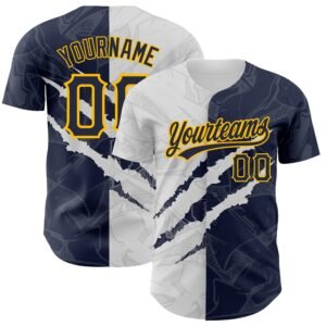 Custom Graffiti Pattern Navy Gold 3D Scratch Authentic Baseball Jersey