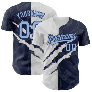Custom Graffiti Pattern Light Blue Navy 3D Scratch Authentic Baseball Jersey