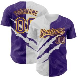 Custom Graffiti Pattern Purple Gold 3D Scratch Authentic Baseball Jersey
