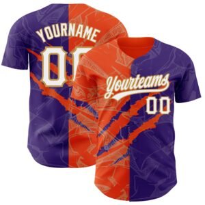 Custom Graffiti Pattern Purple Orange Old Gold 3D Scratch Authentic Baseball Jersey