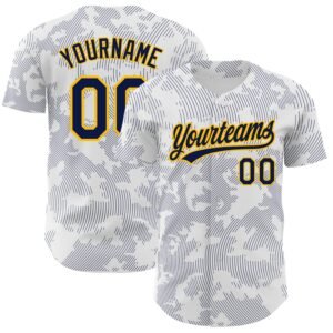 Custom White Navy Gold 3D Pattern Curve Lines Authentic Baseball Jersey