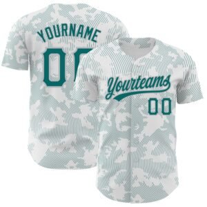 Custom White Teal Gray 3D Pattern Curve Lines Authentic Baseball Jersey