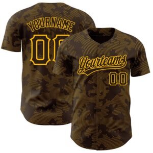 Custom Brown Gold 3D Pattern Curve Lines Authentic Baseball Jersey