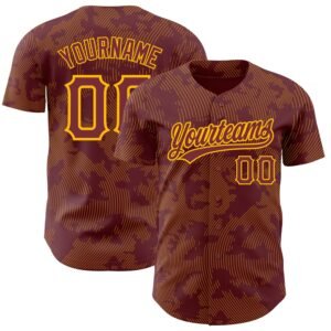 Custom Burgundy Gold 3D Pattern Curve Lines Authentic Baseball Jersey