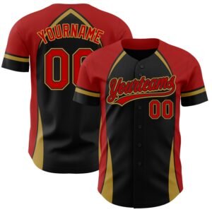 Custom Black Red Old Gold 3D Pattern Curve Solid Authentic Baseball Jersey