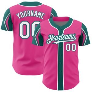 Custom Pink White Teal 3 Colors Arm Shapes Authentic Baseball Jersey