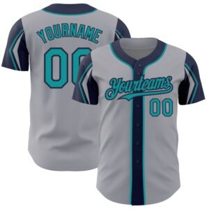 Custom Gray Teal Navy 3 Colors Arm Shapes Authentic Baseball Jersey