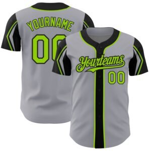 Custom Gray Neon Green Black 3 Colors Arm Shapes Authentic Baseball Jersey