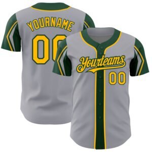 Custom Gray Gold Green 3 Colors Arm Shapes Authentic Baseball Jersey