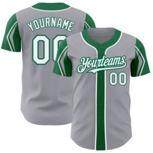 Custom Gray White Kelly Green 3 Colors Arm Shapes Authentic Baseball Jersey