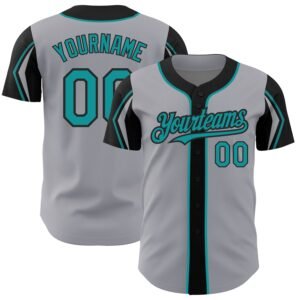 Custom Gray Teal Black 3 Colors Arm Shapes Authentic Baseball Jersey