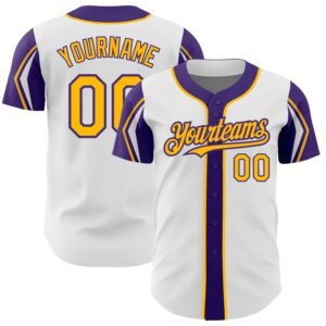 Custom White Gold Purple 3 Colors Arm Shapes Authentic Baseball Jersey