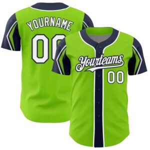 Custom Neon Green White Navy 3 Colors Arm Shapes Authentic Baseball Jersey