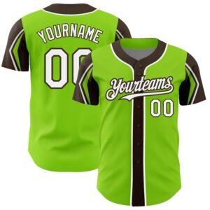 Custom Neon Green White Brown 3 Colors Arm Shapes Authentic Baseball Jersey